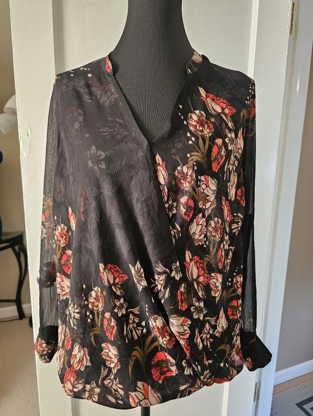 Kut from the Kloth Sheer Black Floral Overlay Wrap Blouse with Red Accents